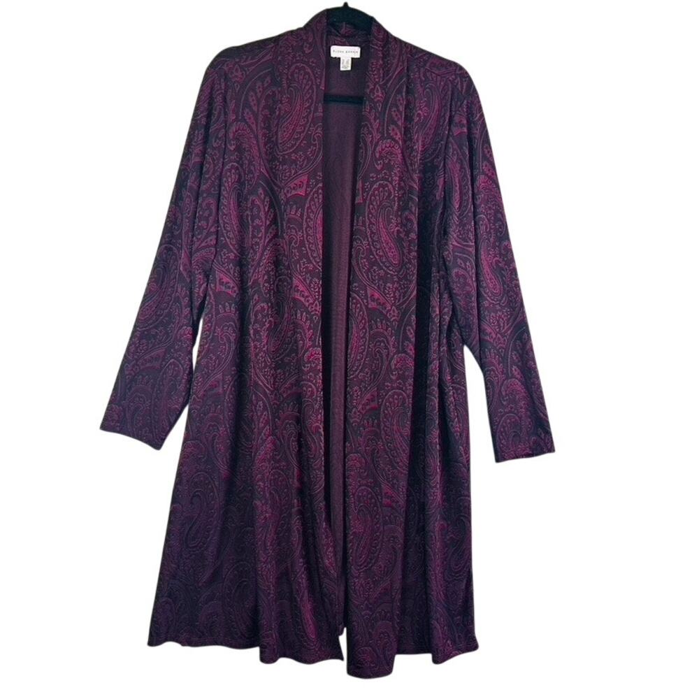 Susan Graver Womans Sz 2X Topper Long Sleeve Paisley Maroon Plum Open Front
